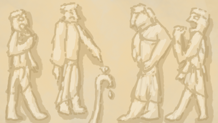A sculpted relief of four angry Mesopotamians looking at a clogged pipe.
